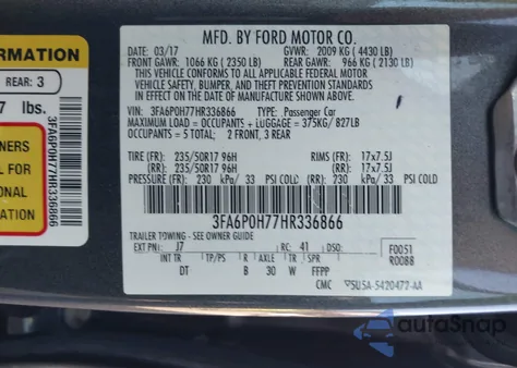 2017 Ford Fusion Se из США, поврежденный, VIN 3FA6P0H77HR336866